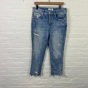 Free People Women's Mid-Rise Straight-Leg Denim Jeans Solid Blue Size 28